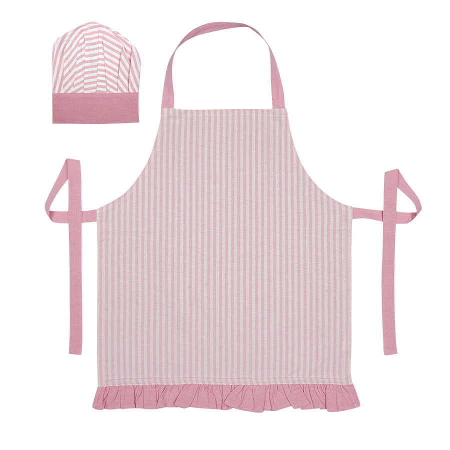 Rosa forkle med hvite striper og matchende kokkelue, perfekt for barn som elsker å lage mat. Designet med volangkant for et søtt preg.