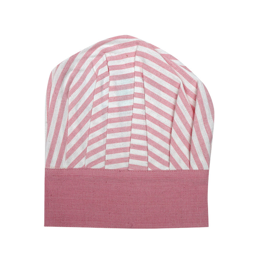 Rosa kokkehatt med hvite striper, perfekt å kombinere med forkle for den unge kokken.