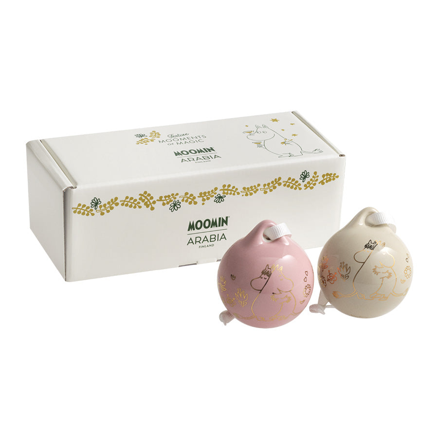 Moomin Arabia Mummi julekuler 50 mm Kjærlighet Gull 2pk foran gaveesken