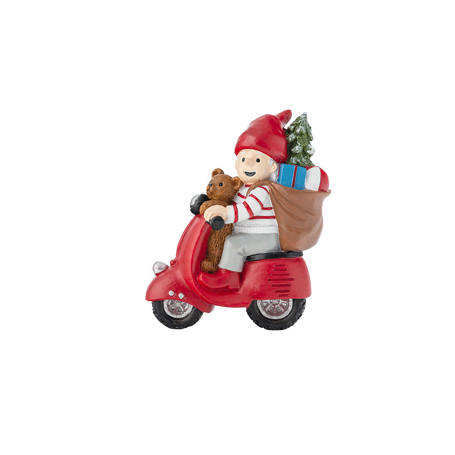 Nissefar på rød Vespa med teddybjørn, julegaver og juletre – Porsgrunds Porselænsfabrik Nisseservise