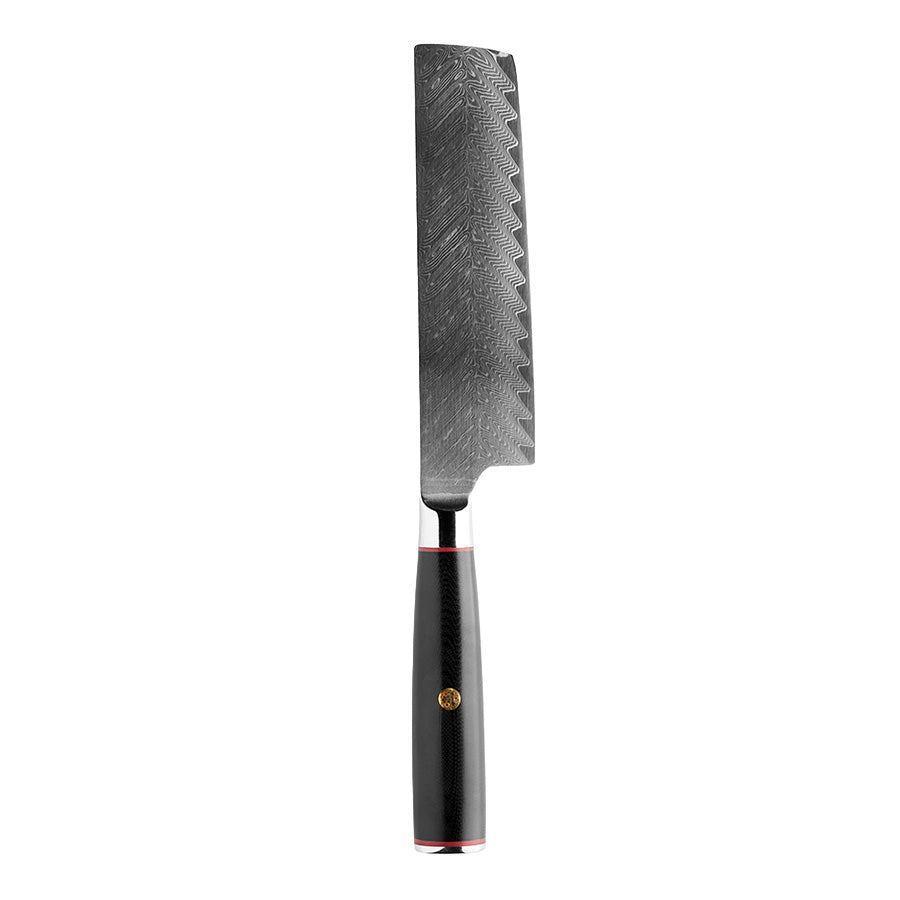 Fusion Blades Nakiri kniv 17 cm med et karakteristisk damaskusmønster og svart G10-håndtak. Perfekt for presis grønnsakskutting.