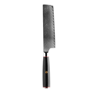 Fusion Blades Nakiri kniv 17 cm med et karakteristisk damaskusmønster og svart G10-håndtak. Perfekt for presis grønnsakskutting.