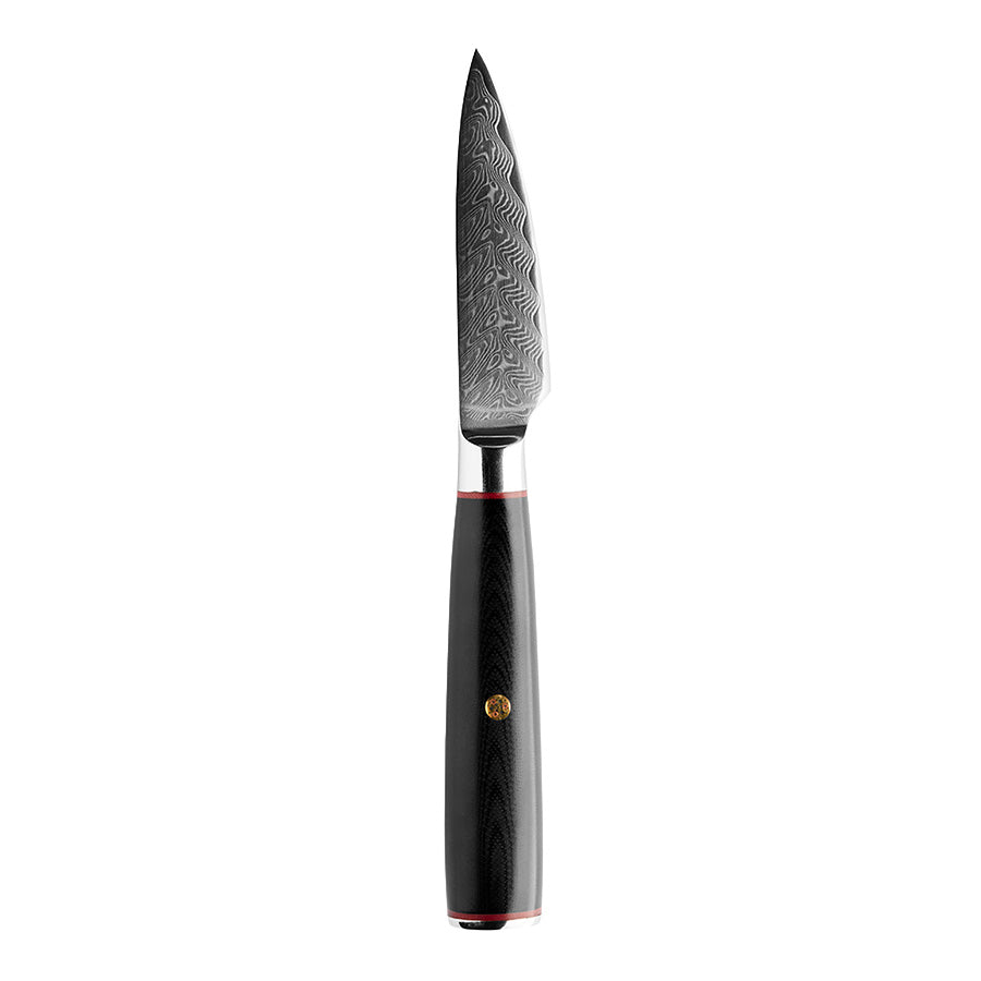 Nordic Blades skrellekniv på 9 cm med et elegant svart G10-håndtak og unikt damaskusstål blad, perfekt for skrelling og detaljerte kjøkkenoppgaver.