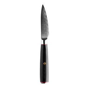 Nordic Blades skrellekniv på 9 cm med et elegant svart G10-håndtak og unikt damaskusstål blad, perfekt for skrelling og detaljerte kjøkkenoppgaver.
