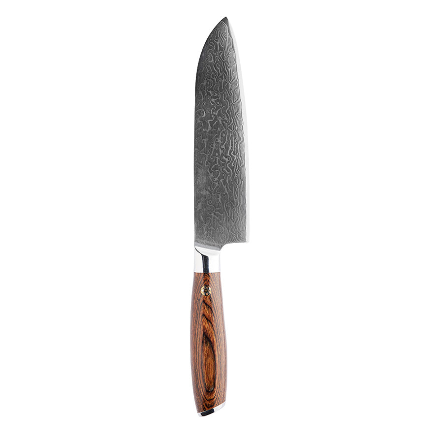 Nordic Blades Gastro Blades 18 cm santokukniv med 67 lag damaskusstål og Pakka-wood håndtak, perfekt for presisjon og kontroll i kjøkkenarbeidet.