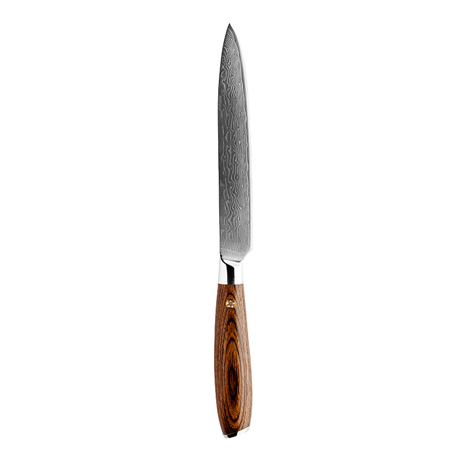 Nordic Blades Gastro Blades universalkniv i damaskusstål med 15 cm langt blad og håndtak i Pakka-wood, perfekt for kjøkkenarbeid.