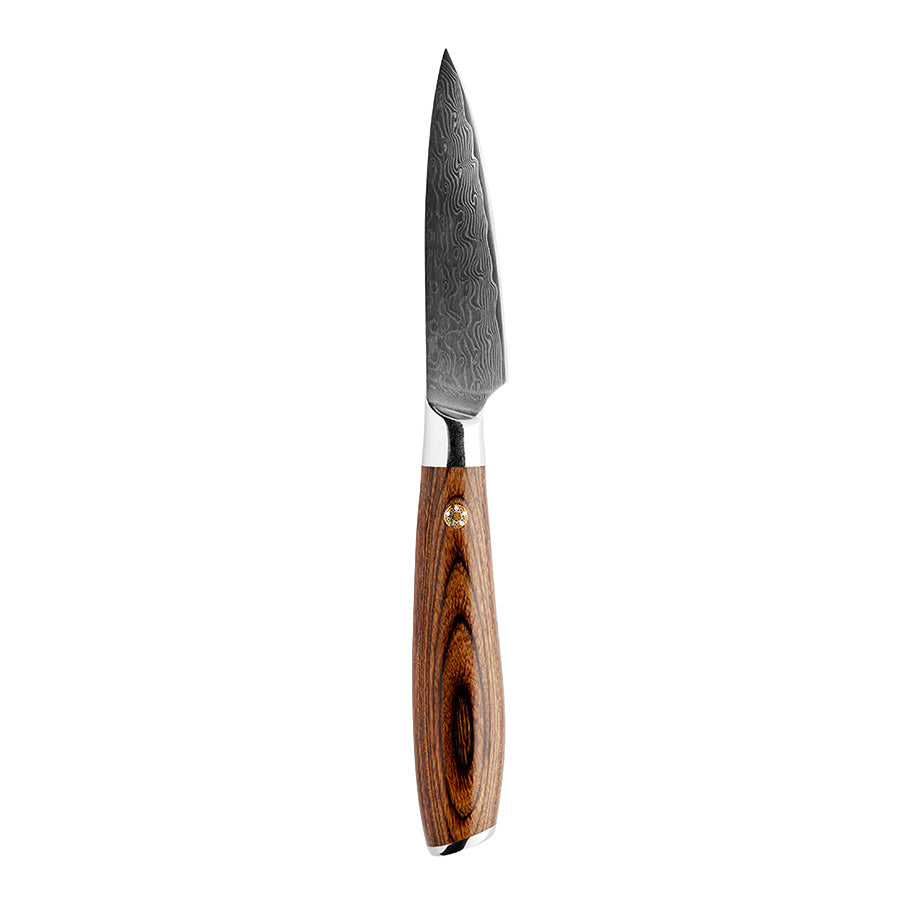 Nordic Blades skrellekniv med 9 cm damaskusstål blad og Pakka-wood håndtak, ideell for presise skrelling og detaljarbeid på kjøkkenet.