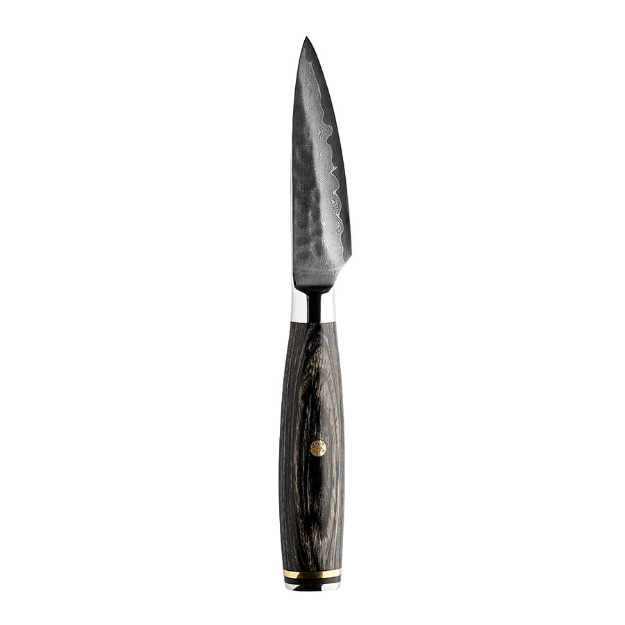 Nordic Blades Legacy Blades Skrellekniv 9cm med mørkt trehåndtak og skarp damaskusstål blad, designet for presist detaljarbeid.