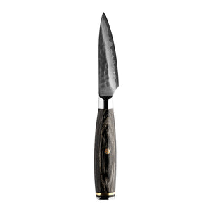 Nordic Blades Legacy Blades Skrellekniv 9cm med mørkt trehåndtak og skarp damaskusstål blad, designet for presist detaljarbeid.