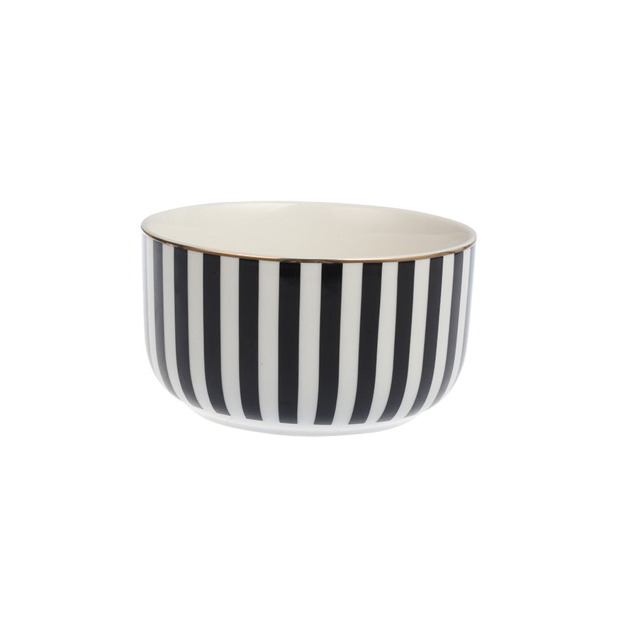 Nova Abby bolle i svart-hvitt stripemønster med gullkant, 12 cm, perfekt til snacks og desserter.