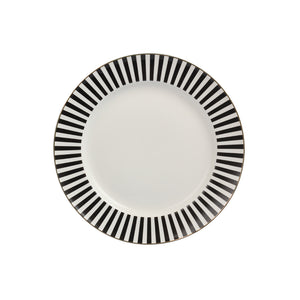 Nova Abby tallerken på 21 cm med svart-hvitt stripemønster og gullkant, ideell for elegant borddekking.