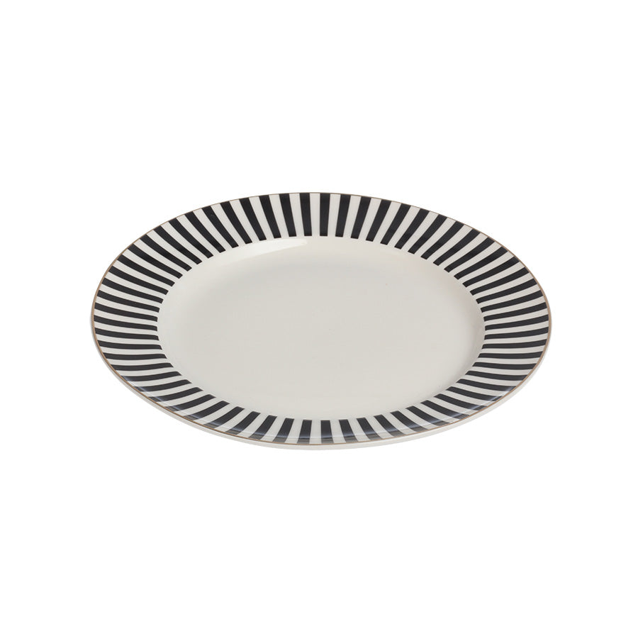 Sidevinkel av Nova Abby tallerken med grafisk svart stripemønster og gullkant, perfekt til dessert eller forrett.