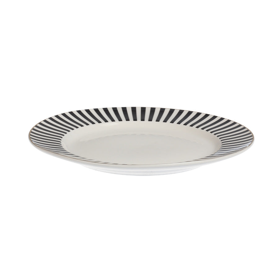 Nova Abby tallerken i profil, med sort stripe design og gullkant, egnet for stilfull servering.