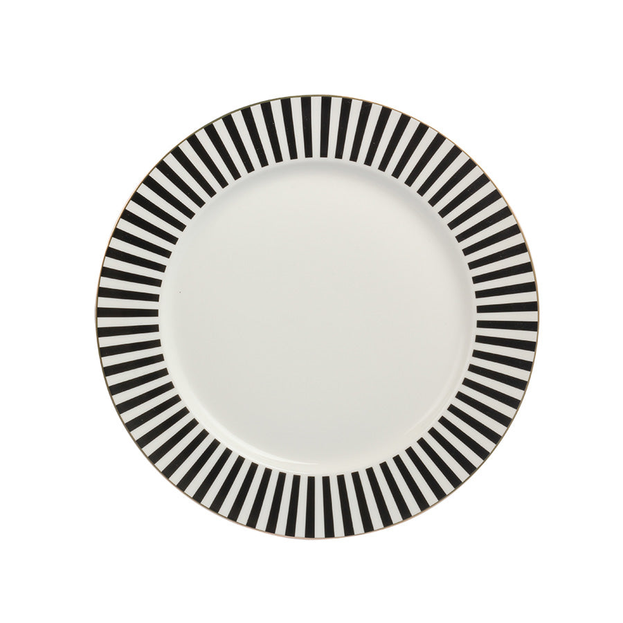 Nova Abby tallerken med svart stripet design og gullkant, perfekt for stilfulle middagsbord.