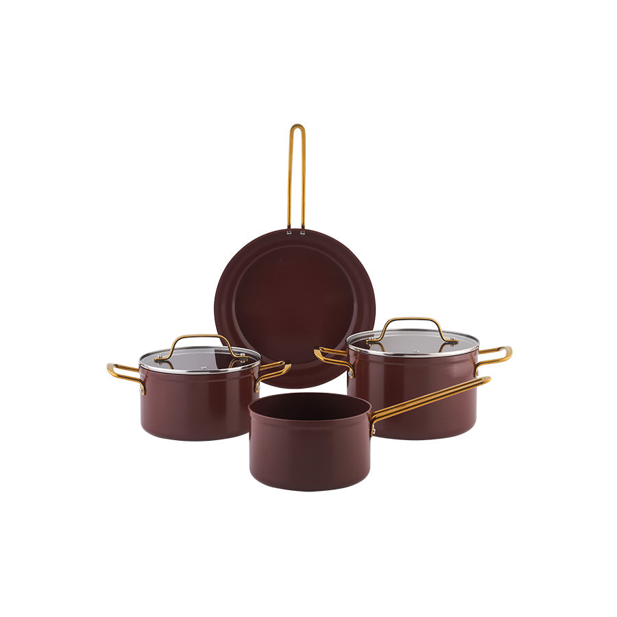 Burgunder grytesett med glasslokk og non-stick keramisk belegg, ideelt for enkel matlaging.