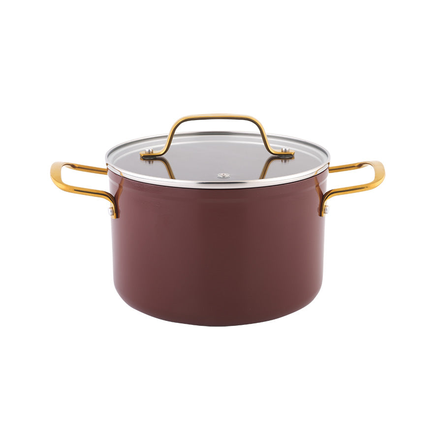 Praktisk og elegant stekepanne fra grytesett i burgunder med keramisk belegg.