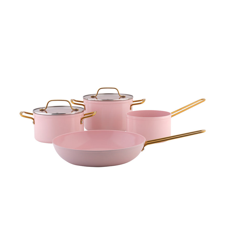 Rosa grytesett med gulldetaljer, inkludert stekepanne, kasseroller og lokk, perfekt for moderne kjøkken.