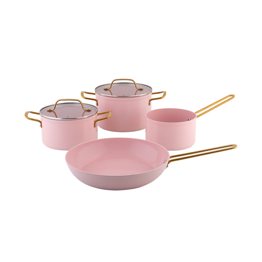 Stylish rosa grytesett med stekepanne og kasseroller, ideelt for matlaging med stil og farge.