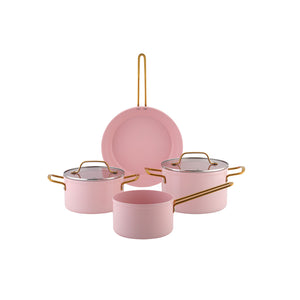 Komplett rosa grytesett med kasseroller og stekepanne, dekorert med elegante gulldetaljer.