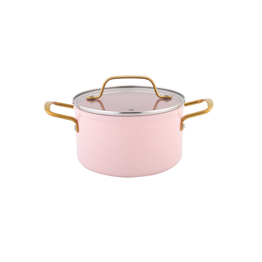 Liten rosa gryte med glasslokk, del av et moderne grytesett med gulldetaljer.