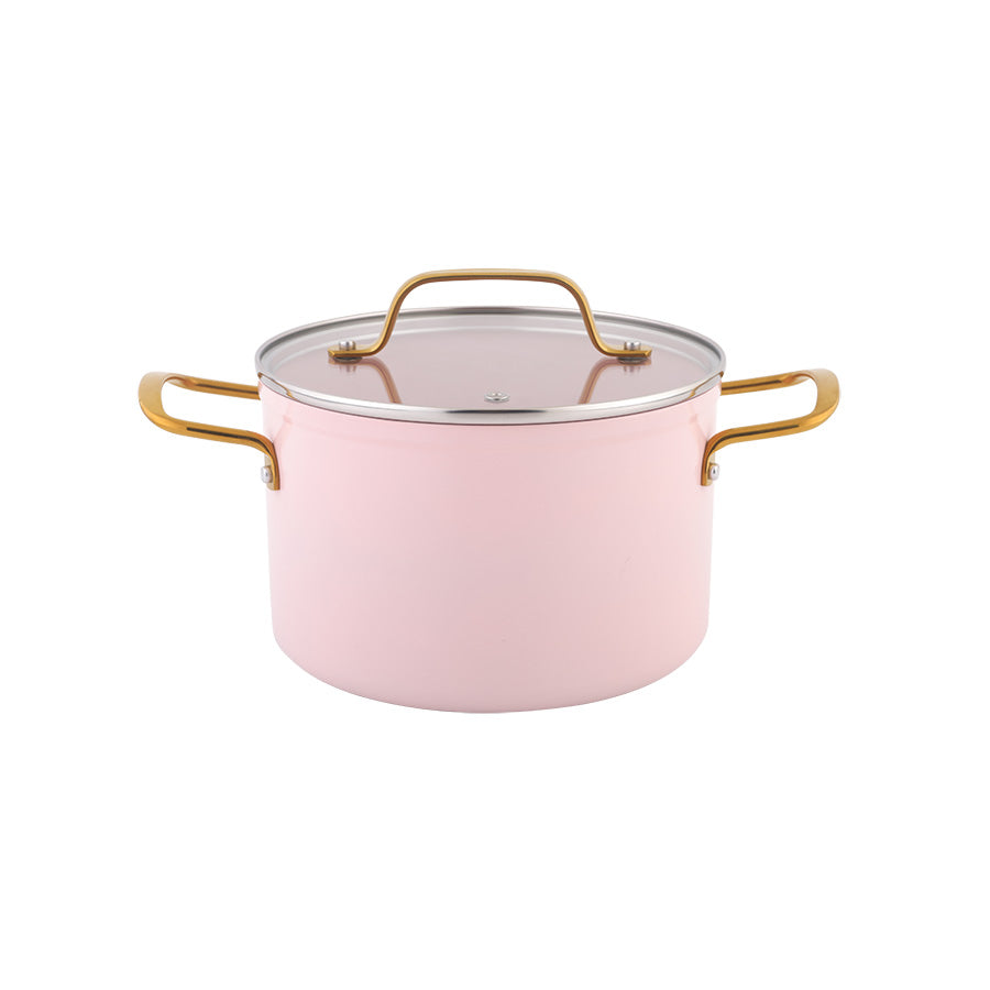Stilig rosa kasserolle med lokk fra grytesett, designet for effektiv matlaging.