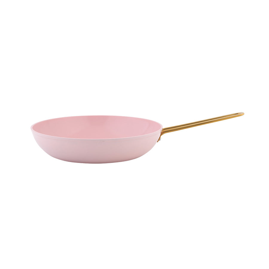 Rosa stekepanne med gulldetaljer, del av et elegant grytesett for kjøkkenet.