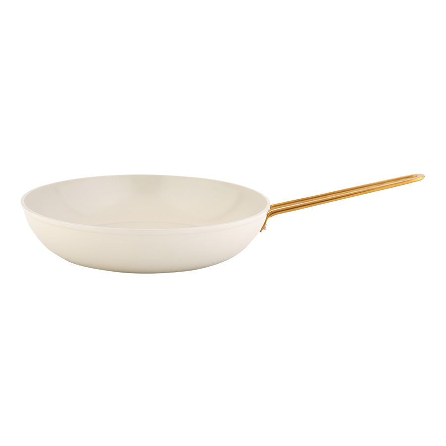 Elegant stekepanne i cremefarge med gullhåndtak, 28 cm, keramisk belegg for enkel rengjøring og allsidig bruk.