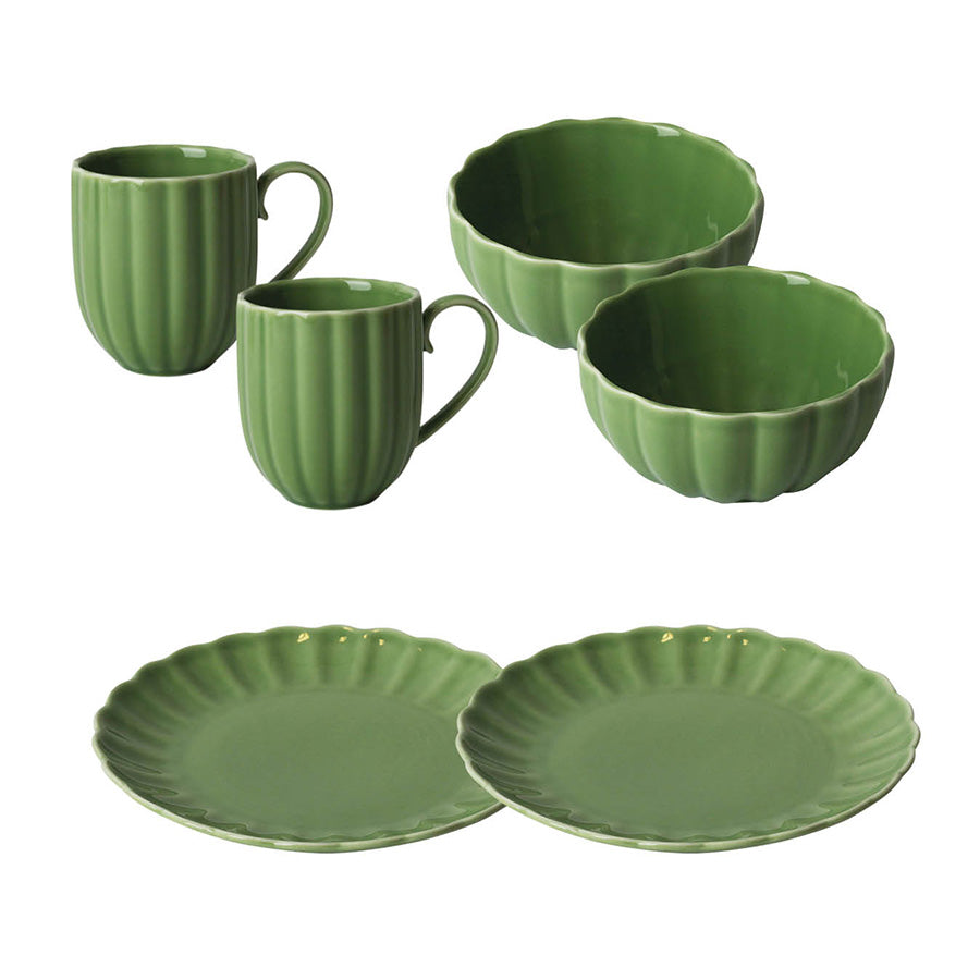 Nova Lilly Frokostservise i grønn til 2 personer, inkludert krus, boller og asjetter. Stilig og moderne design med blank glasur, perfekt for frokost og lunsj.