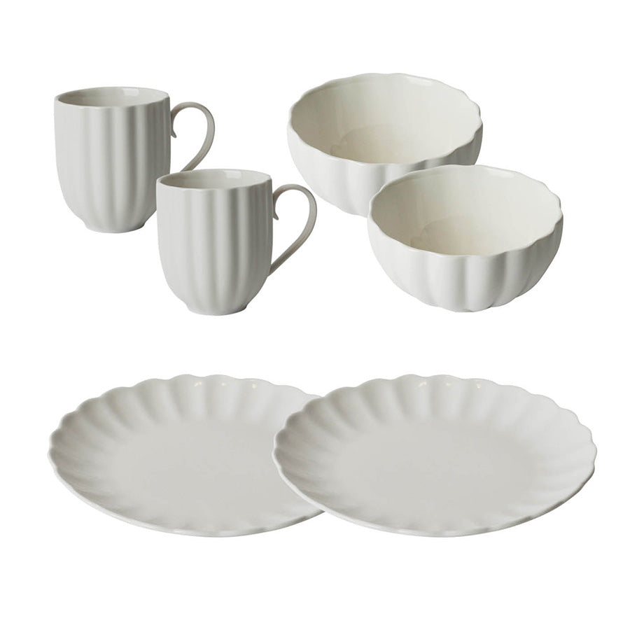 Nova Lilly Frokostservise Hvit til 2 Personer med elegante asjetter, skåler og krus, ideelt for frokost og lunsj. Perfekt for hverdagsbruk.