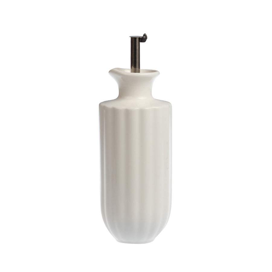 Nova Lilly Olje Dispenser 300ml Hvit med helletut i stål, elegant oljedispenser i hvit keramikk, ideell for kontrollert skjenking av olivenolje og annet.