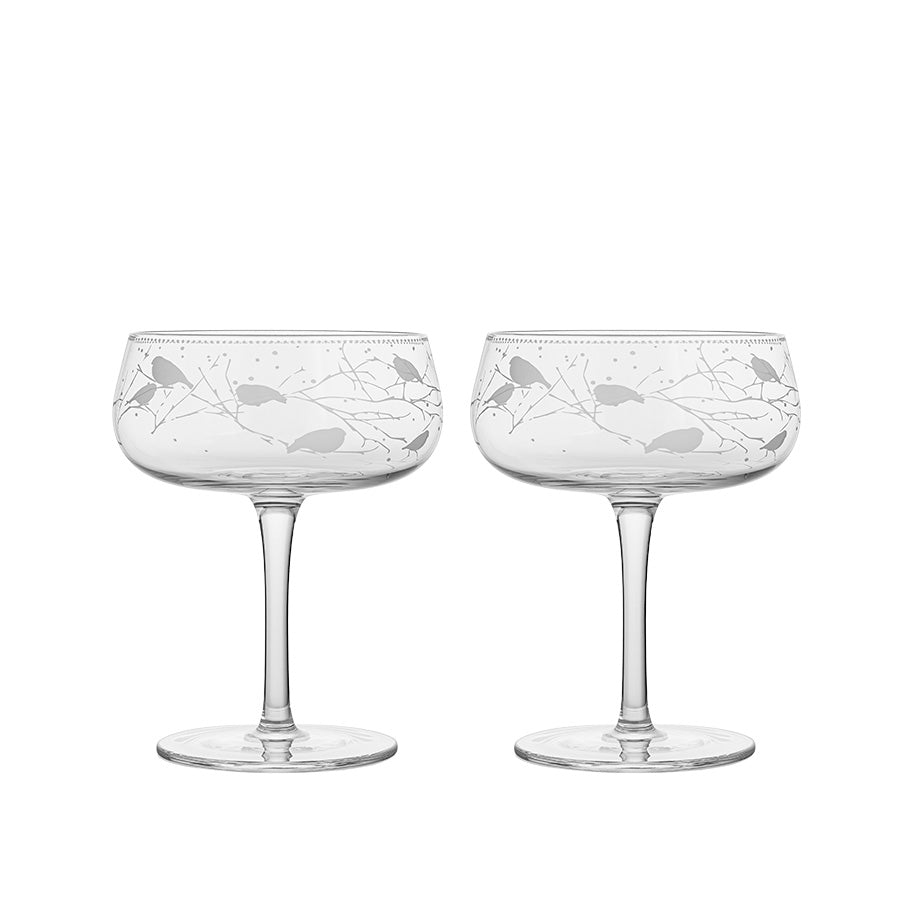 Porsgrunds Dompap cavaskål i glass 30 cl, 2-pakning med elegant gravert fuglemotiv