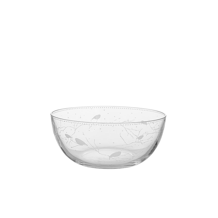 Klar Dompap glass bolle fra Porsgrunds Porselænsfabrik, 16 cm, med gravert fuglemotiv