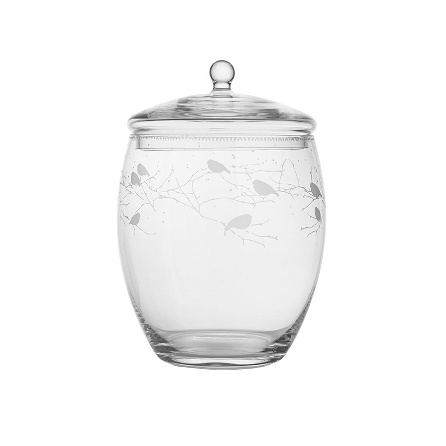 Krukke med lokk fra Porsgrunds Porselænsfabrik, dekorert med gravert dompapmotiv i klart glass