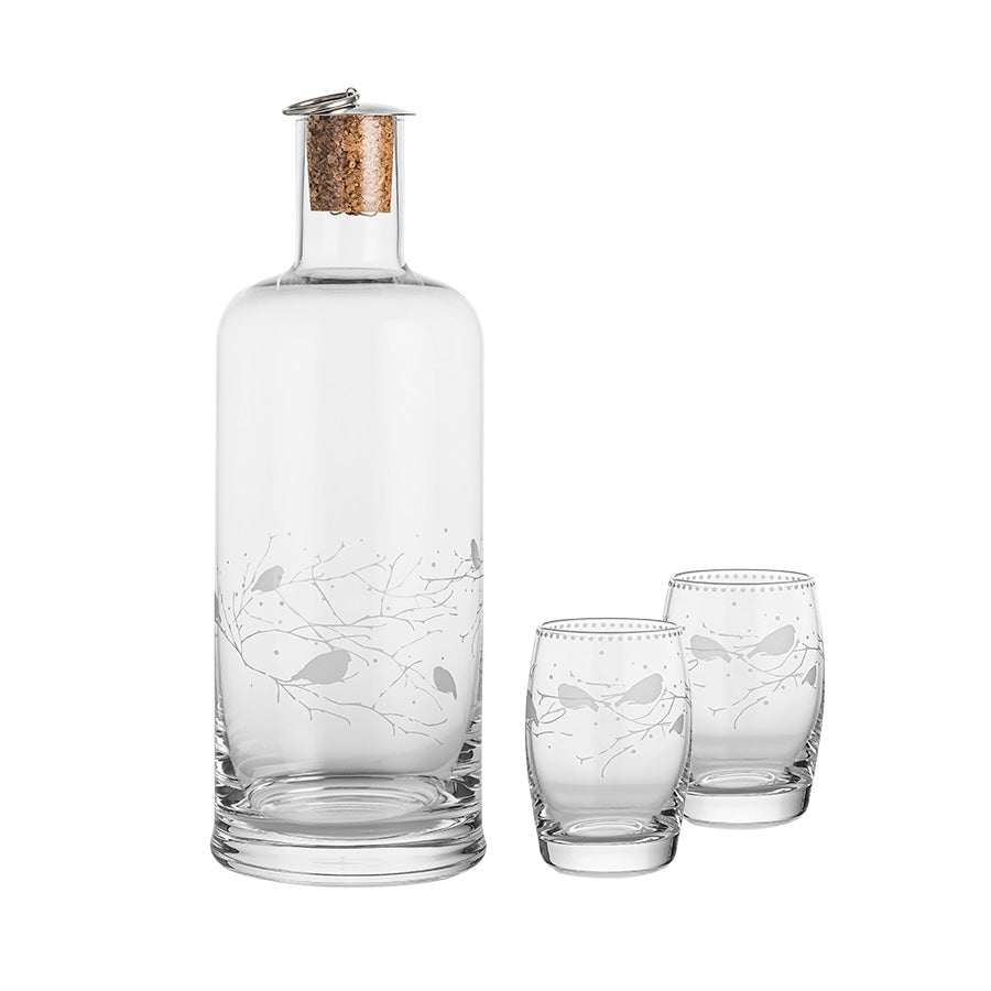 Porsgrunds Dompap gavesett med glasskaraffel med korkstopp og to graverte glass
