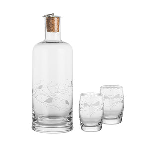 Porsgrunds Dompap gavesett med glasskaraffel med korkstopp og to graverte glass