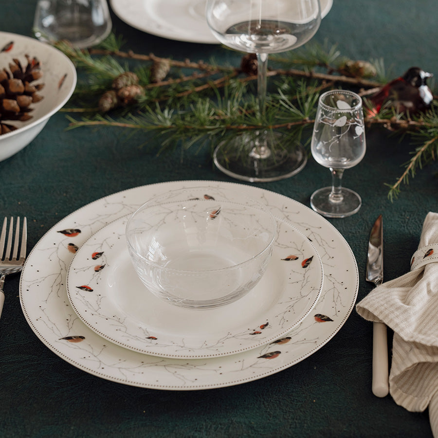 Porsgrund Dompap snapsglass med fuglemotiv ved festlig juledekking