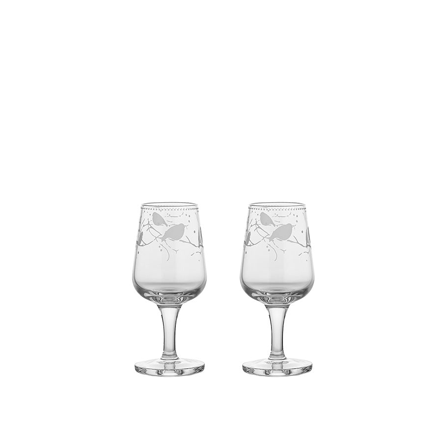 To klare Porsgrund Dompap snapsglass på 6 cl med elegant fuglemotiv, perfekt til akevitt og snaps