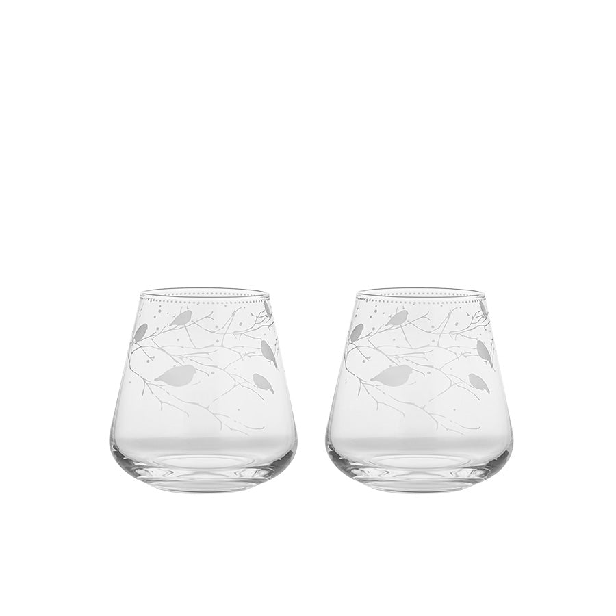 Porsgrunds Porselænsfabrik Dompap vannglass 30 cl i 2-pakning med elegant gravert fuglemotiv