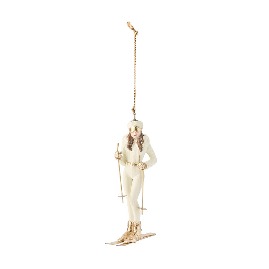 Porsgrunds Porselænsfabrik Afterski Geilo ornament med skiløper i hvitt porselen og gulldetaljer, 7,5 cm