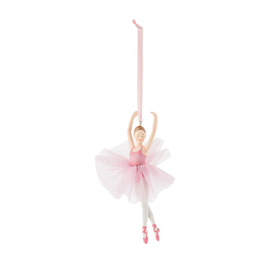 Rosa ballerina i relevé som hengepynt fra Porsgrunds Porselænsfabrik, med tyllskjørt og rosa bånd til juletreet