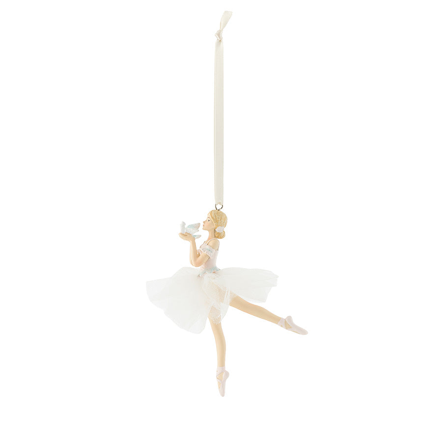 Hvit porselensballerina i sous-sus-posering som elegant hengepynt til juletreet