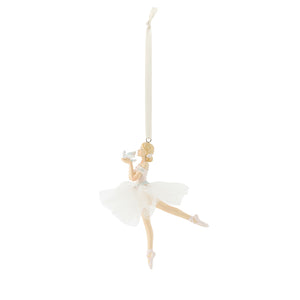 Hvit porselensballerina i sous-sus-posering som elegant hengepynt til juletreet