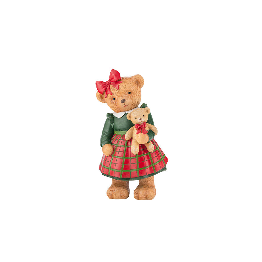 Porsgrunds Porselænsfabrik bamsefigur Nelli 16 cm med liten bamse, rød sløyfe og rutete julekjole