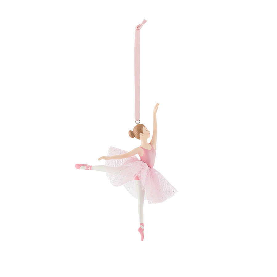 Rosa ballerina i arabesque som elegant hengepynt i porselen fra Porsgrunds Porselænsfabrik, 12 cm