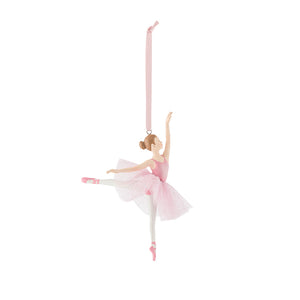 Rosa ballerina i arabesque som elegant hengepynt i porselen fra Porsgrunds Porselænsfabrik, 12 cm