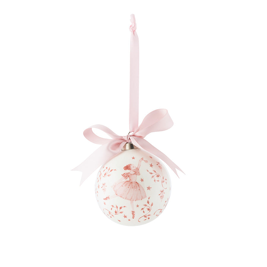 Hengepynt i hvitt porselen med rosa ballerina-motiv og rosa sløyfe, 10 cm