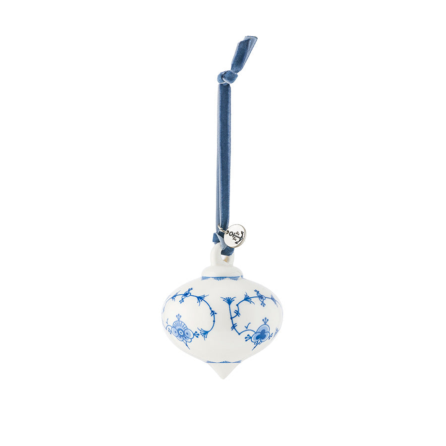 Blått og hvitt Porsgrunds porselen ornament med klassisk stråmønster og dråpeformet design