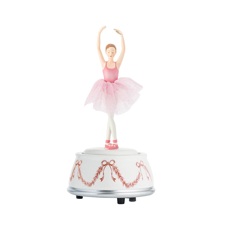 Rosa Porsgrunds Ballerina spilledåse i porselen med dansende ballerina og dekorert base, 20,5 cm