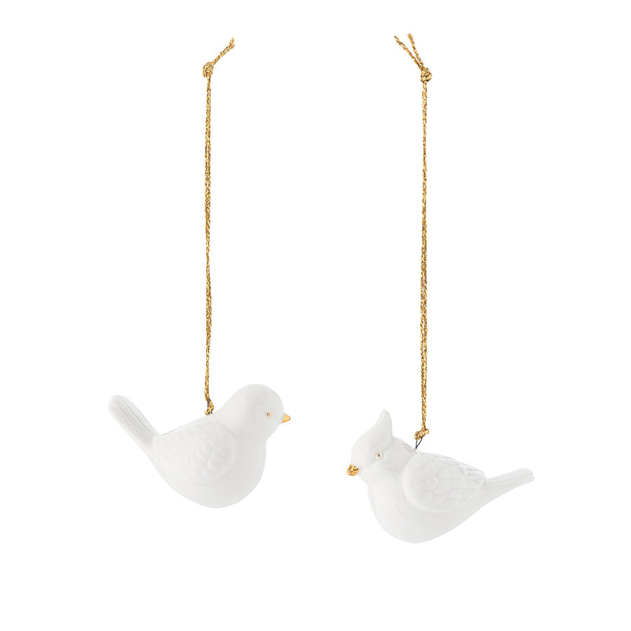 Porsgrunds Porselænsfabrik Love Birds hengepynt i hvitt porselen med elegante gullsnorer, 2-pakning