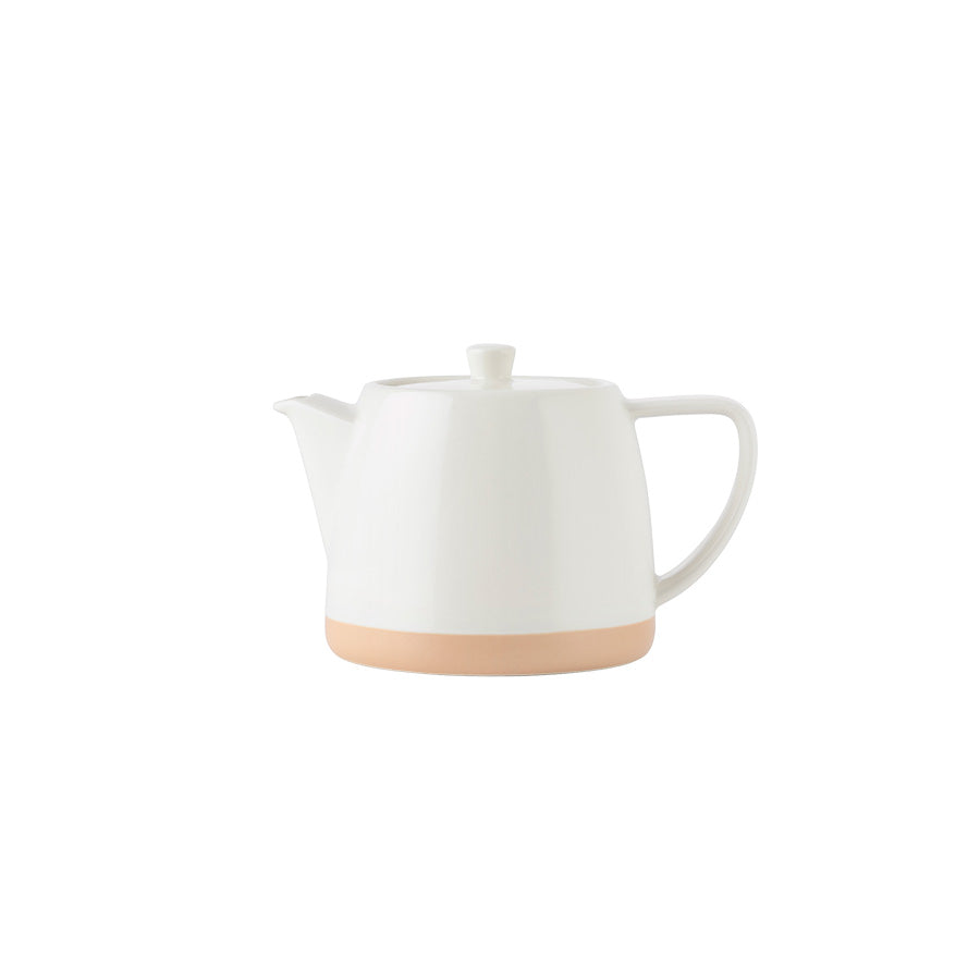 Hvit Porsgrunds Teatime tekanne med avrundet form og dekorativ leirekant i bunnen